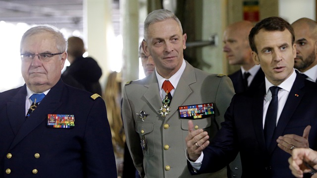 French President Emmanuel Macron (2ndR), his personal military Chief of Staff, Admiral Bernard Rogel (L), the Chief of the Defense Staff of the French Army, General Francois Lecointre (2ndL) 