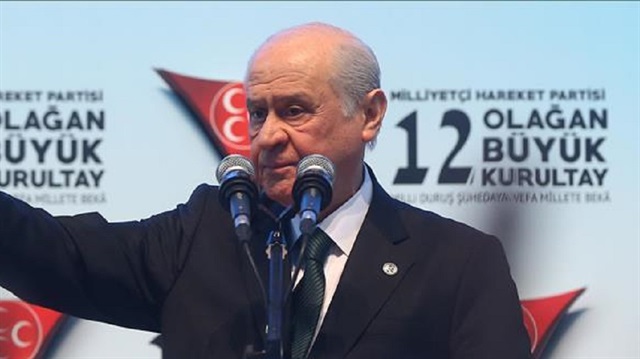 Turkey's Nationalist Movement Party's (MHP) Leader Devlet Bahceli delivers a speech after re-elected for the party's presidency during Nationalist Movement Party's 12th Ordinary Grand Congress in Ankara, Turkey on March 18, 2018.