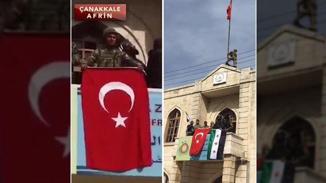 Türk ve ÖSO bayrakları Afrin'de dalgalanıyor.