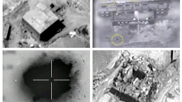 A combination image shows screen grabs taken from video material released on March 21, 2018 which the Israeli military describes as an Israeli air strike on a suspected Syrian nuclear reactor site near Deir al-Zor on Sept 6, 2007. Top row: The site before the attack (L), yellow circles depicting bombs during the air strike on the site (R). Bottom row: An explosion during the air strike on the site (L), debris seen on the site after the attack (R). 