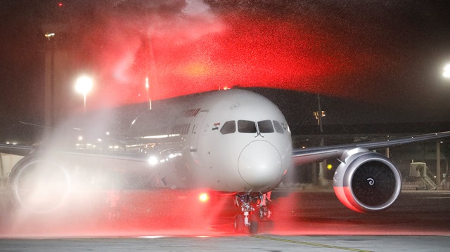 An Air India Boeing 787-8 Dreamliner plane receives a water cannon salute upon its landing at Ben Gurion International Airport in Lod, near Tel Aviv, Israel, March 22, 2018. 