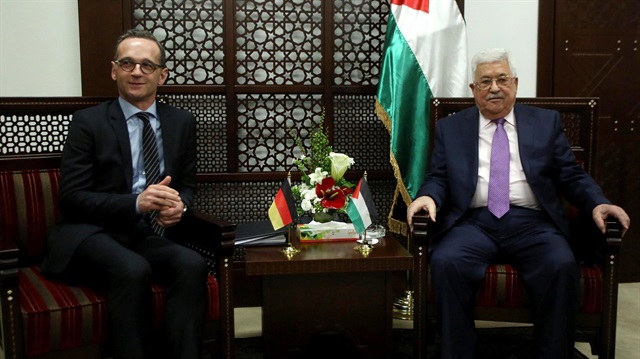 German Foreign Minister Heiko Mass is welcomed by officials ahead of his meeting with President of Palestine Mahmoud Abbas in Ramallah, West Bank on March 26, 2018.
