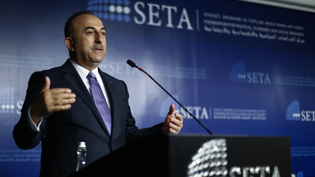 Foreign Minister of Turkey Mevlut Cavusoglu speaks at a panel discussion in which new 2017 European Islamophobia Report (EIR) by Foundation for Political, Economic and Social Research (SETA) unveiled, in Ankara, Turkey on April 11, 2018.