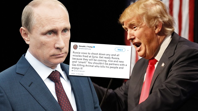 ABD Başkanı Trump dün attığı tweette, "Rusya, Suriye'ye atacağımız füzeleri vuracakmış. Hazır ol Rusya çünkü hoş, yeni ve 'akıllı' füzelerimiz geliyor. Halkını gazla öldüren bir hayvanla ortak olmamalısın." ifadelerini kullanmıştı.