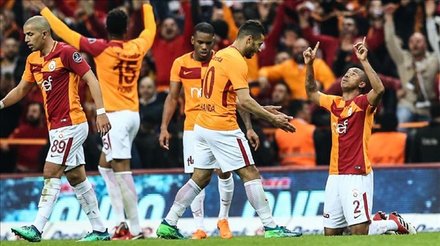 Mariano (2) of Galatasaray celebrates after scoring a goal with his teammates during the Turkish Super Lig soccer match between Galatasaray and Medipol Basaksehir at the Turk Telekom Stadium in Istanbul, Turkey on April 15, 2018. 
