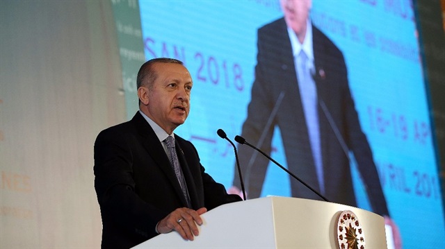 President of Turkey, Recep Tayyip Erdogan speaks during World Muslim Minorities Summit at Ceremonial Hall of Dolmabahce Palace in Istanbul, Turkey.