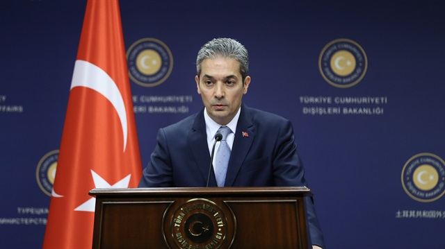 Turkish Foreign Ministry spokesman Hami Aksoy delivers a speech during a press conference in Ankara, Turkey on April 12, 2018.