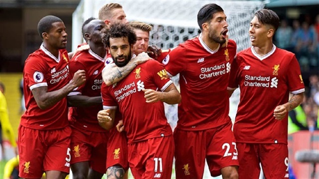 Liverpool players celebrate Mohamed Salah goal