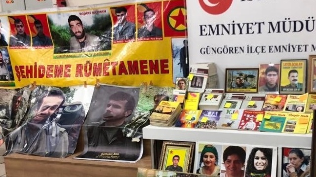 Polis, HDP Güngören İlçe binasına düzenlenen baskında  Abdullah Öcalan ile öldürülen teröristlerin afişlerinin yer aldığı propaganda içerikli pankartlara el konuldu. 