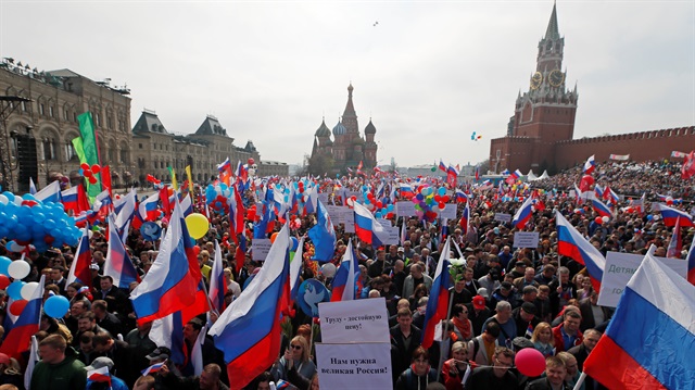 People attend a May Day rally at Red Square in Moscow, Russia 