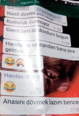 Öğretmenlerin WhatsApp grubunda uyguladıkları şiddeti konu alan yazışmaları.