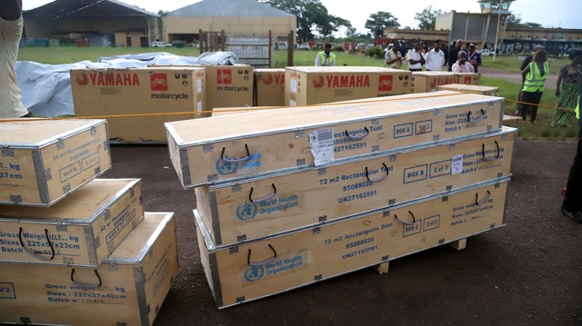 World Health Organization (WHO) medical supplies to combat the Ebola virus are seen packed in crates at the airport in Mbandaka, Democratic Republic of Congo May 19, 2018. 