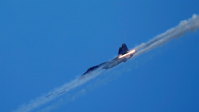 A Sukhoi Su-35 multi-role fighter jet performs during a demonstration flight 