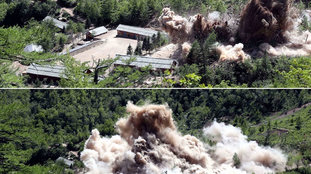 In this combination photo, command post and barracks of Punggye-ri nuclear test ground is blown up during the dismantlement process in Punggye-ri, North Hamgyong Province, North Korea May 24, 2018. 