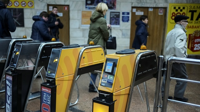 Turnstiles are seen in the entrance to the subway in Kiev, Ukraine 