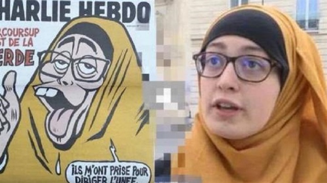 Charlie Hebdo cartoon (L) and Maryam Pougetoux (R). 