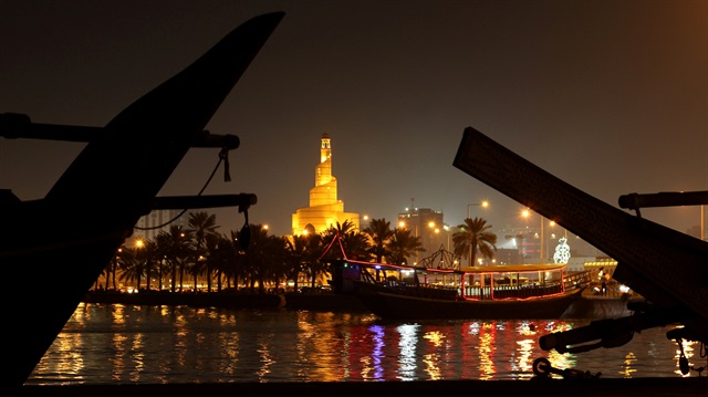 A mosque is seen along a coastline in Doha, Qatar.