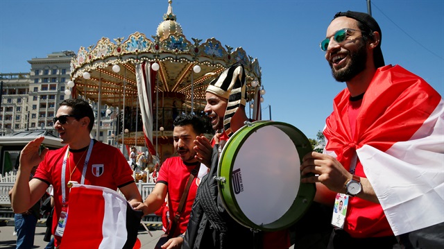 Supporters of the Egyptian national soccer team, a participant of the World Cup, cheer during a gathering in central Moscow, Russia June 15, 2018.