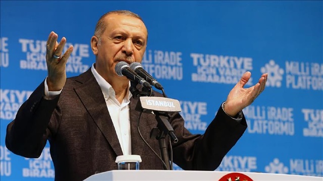 President of Turkey Recep Tayyip Erdogan addresses at an iftar (fast-breaking) dinner organised by National Will Platform (Milli Irade Platformu) at the Yenikapi Eurasia Performing Arts Center in Istanbul, Turkey on June 14, 2018.