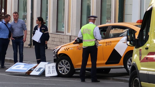 A view shows a damaged taxi, which ran into a crowd of people, in central Moscow