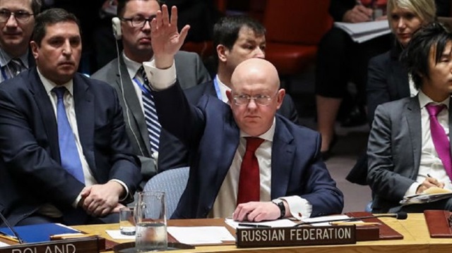 Russia United Nations hands up
Russian Ambassador to the United Nations Vasily Nebenzya.