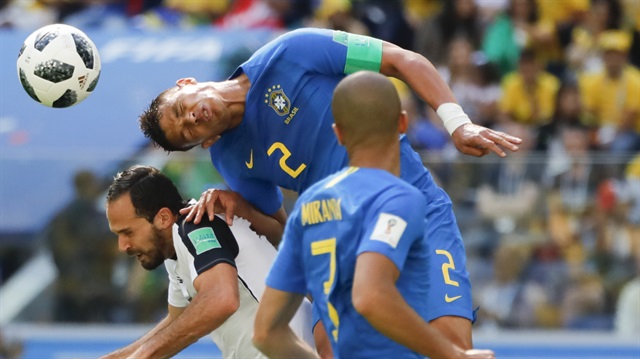 Neymar (front) of Brazil struggles with his competitor during the 2018 FIFA World Cup Russia Group E match between Brazil and Costa Rica at the Saint Petersburg Stadium in St. Petersburg, Russia on June 22, 2018.