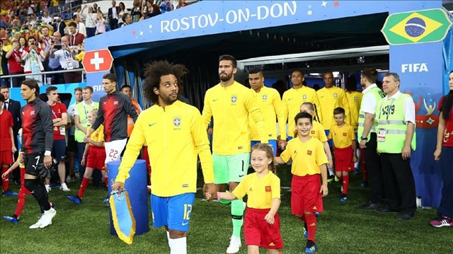 Football players enter the pitch ahead of 2018 FIFA World Cup Russia Group E match between Brazil and Switzerland at Rostov Arena in Rostov-on-Don, Russia on June 17, 2018. 