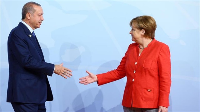 President of Turkey Recep Tayyip Erdoğan (L) Chancellor of Germany Angela Merkel (R) during G20 Leaders' Summit in Hamburg, Germany on July 07, 2017.