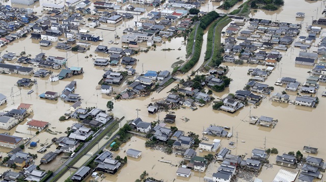 A flooded area is seen after heavy rain in Kurashiki, Okayama Prefecture, Japan.