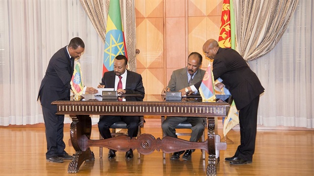 Ethiopia's Prime minister Abiy Ahmed and Eritrean President Isaias Afwerk sign a declaration in Asmara, Eritrea.