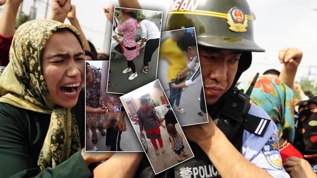Sosyal medyada yayınlanan görsellerde, Çin polisinin Uygurlu kadınların eteklerini kestiği görülüyor. 