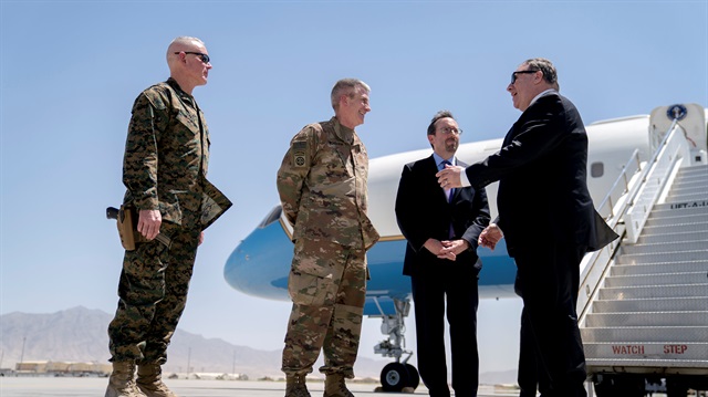 File photo: U.S. Secretary of State Mike Pompeo is greeted by U.S. Ambassador to Afghanistan John Bass, Gen. John Nicholson and Brig. Gen. Conley as he arrives at Bagram Air Base, Afghanistan