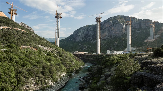 Cement pillars above Moraca river canyon are seen at a bridge construction site of the Bar-Boljare highway in Bioce, Montenegro.