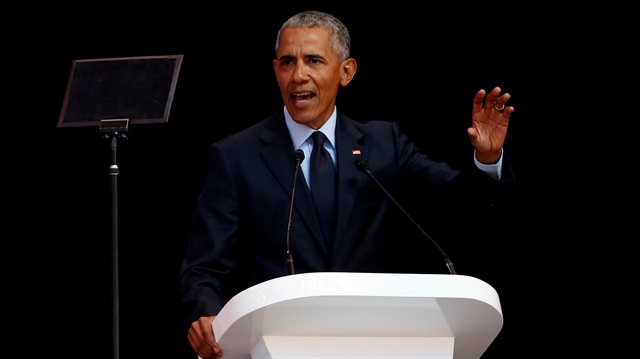 Former U.S. President Barack Obama delivers the 16th Nelson Mandela annual lecture, marking the centenary of the anti-apartheid leader's birth, in Johannesburg, South Africa.
