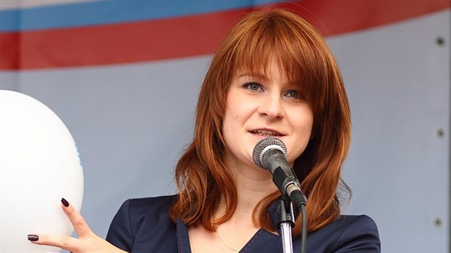 Public figure Maria Butina delivers a speech during a rally to demand the expanding of rights of Russian citizens.