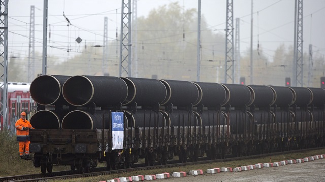 A handout by Nord Stream 2 claims to show the first pipes for the Nord Stream 2 pipeline