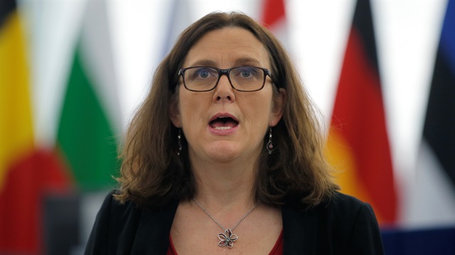 European Trade Commissioner Cecilia Malmstrom addresses the European Parliament during a debate on the US decision to impose tariffs on steel and aluminium in Strasbourg, France.