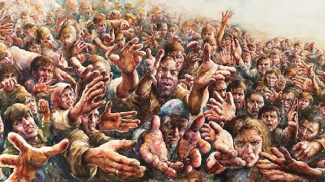 Turkish painter Atanur Dogan’s “Refugees” is one of the works exhibited.
