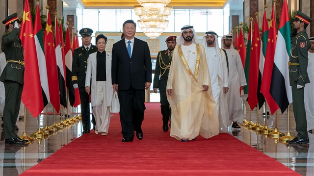 Prime Minister and Vice-President of the United Arab Emirates and ruler of Dubai Sheikh Mohammed bin Rashid al-Maktoum and receive Chinese President Xi Jinping in Abu Dhabi, United Arab Emirates July 19, 2018.
