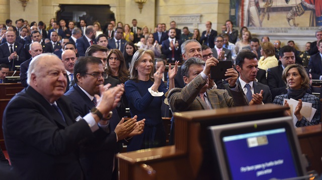 Members of the congress attend the swearing in ceremony of a new congress, which includes former members of the FARC who were given ten seats as part of the 2016 peace process, in Bogota, Colombia July 20, 2018
