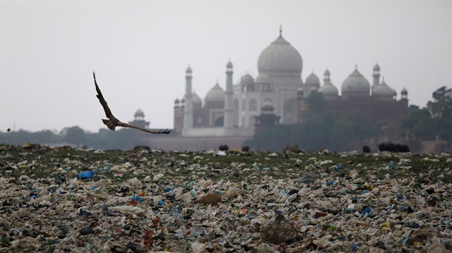 Garbage is seen on the polluted banks of the river Yamuna near the historic Taj Mahal in Agra, India.