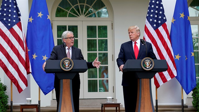 U.S. President Donald Trump and President of the European Commission Jean-Claude Juncker speak about trade relations in the Rose Garden of the White House in Washington