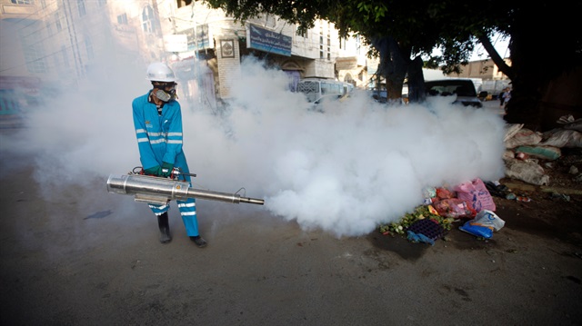 Public health workers spray insecticide amid fears of a new cholera outbreak in Sanaa, Yemen June 7, 2018. 