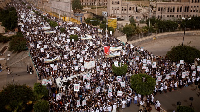 File photo: Houthi supporters rally to mark the anniversary of launching their motto (Sarkha)