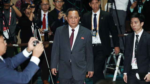 North Korea's Foreign Minister Ri Yong Ho arrives for the Asean Regional Forum Retreat Session in Singapore