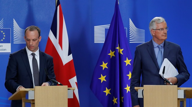 Britain's Secretary of State for Exiting the European Union Dominic Raab and European Union's chief Brexit negotiator Michel Barnier hold a joint news conference in Brussels, Belgium.
