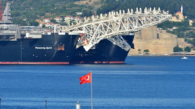 File Photo: Pipe laying vessel Pioneering Spirit sails through The Dardanelles Strait  