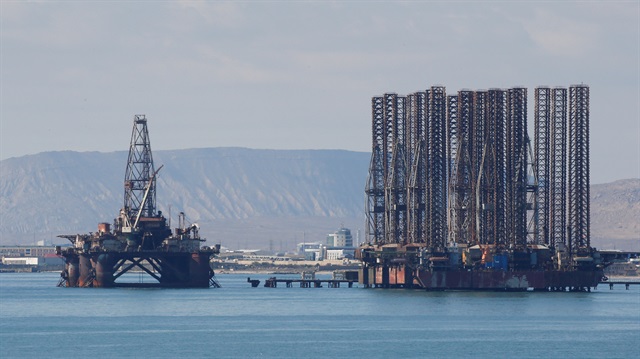 An offshore oil rig is seen in the Caspian Sea near Baku, Azerbaijan