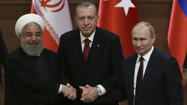 İran Cumhurbaşkanı Hasan Ruhani, Cumhurbaşkanı Recep Tayyip Erdoğan ve Rusya Devlet Başkanı Vladimir Putin