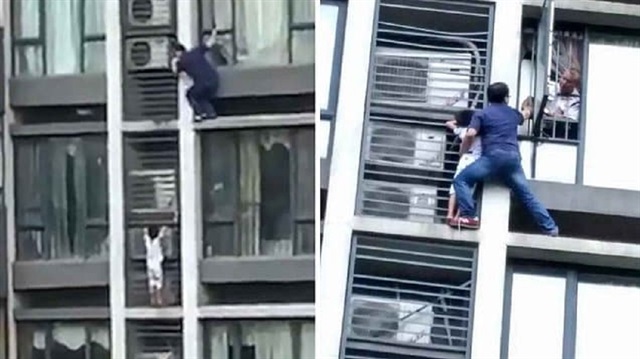 ​بالفيديو: موقف بطولي لأب تسلق 7 طوابق لإنقاذ طفله